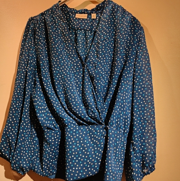 New York & Company Eva Mendes  Green White, and Tan Sheer Polkadot Blouse - Picture 5 of 15